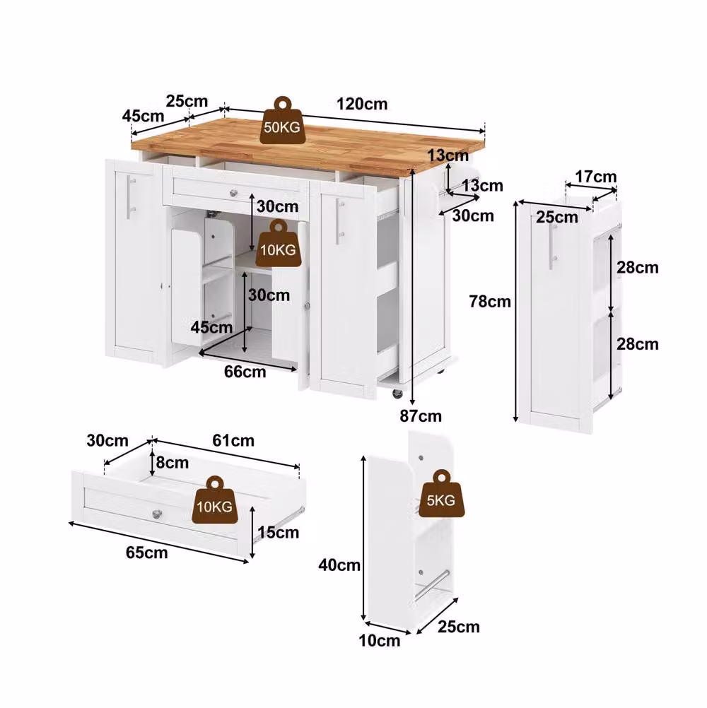 STILVORA White Modern Kitchen Island Cart with Foldable Wood and MDF Countertop – 3