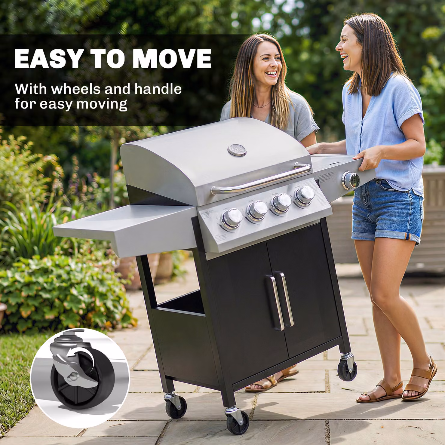 Outsunny 4+1 Burner Propane Gas BBQ Grill with Side Burner, 50000 BTU Steel Portable Barbecue with Built-in Thermometer, Warming Rack and Wheels – 7