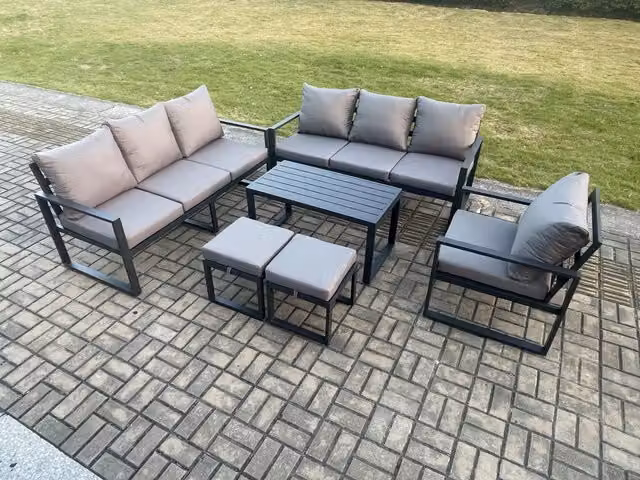 Fimous 9 Seater Aluminium Garden Furniture Set in Dark Grey with L-Shape Sofa, Coffee Table, Armchairs and Ottomans