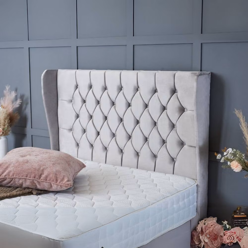 BSSPOKE Amelia Super King Ottoman Divan Bed with 54 inch Headboard and Mattress in Pink Plush Velvet – 1