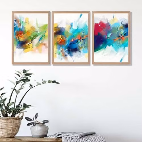 ARTZE Set of 3 Abstract Multicolour Fractal Wall Art with Oak Wood Frames, W: 33 cm, H: 45 cm