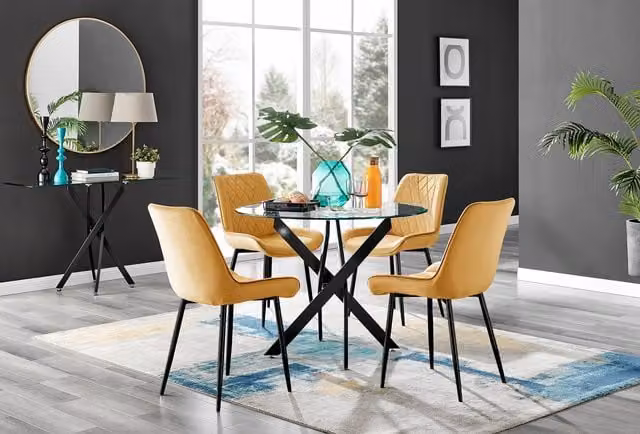FurnitureboxUK Novara Round Glass Dining Table and 4 Pesaro Velvet Chairs in Mustard and Black