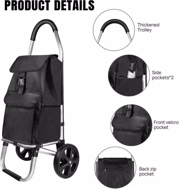 FLAVORA 2 in 1 Waterproof Shopping Trolley with Detachable Bag in Black – 1