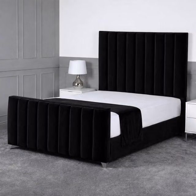 Living Comfort Bedz Empress Plush Velvet Upholstered Bed with Slatted Base and 48 Inch Headboard in Black, Small Double