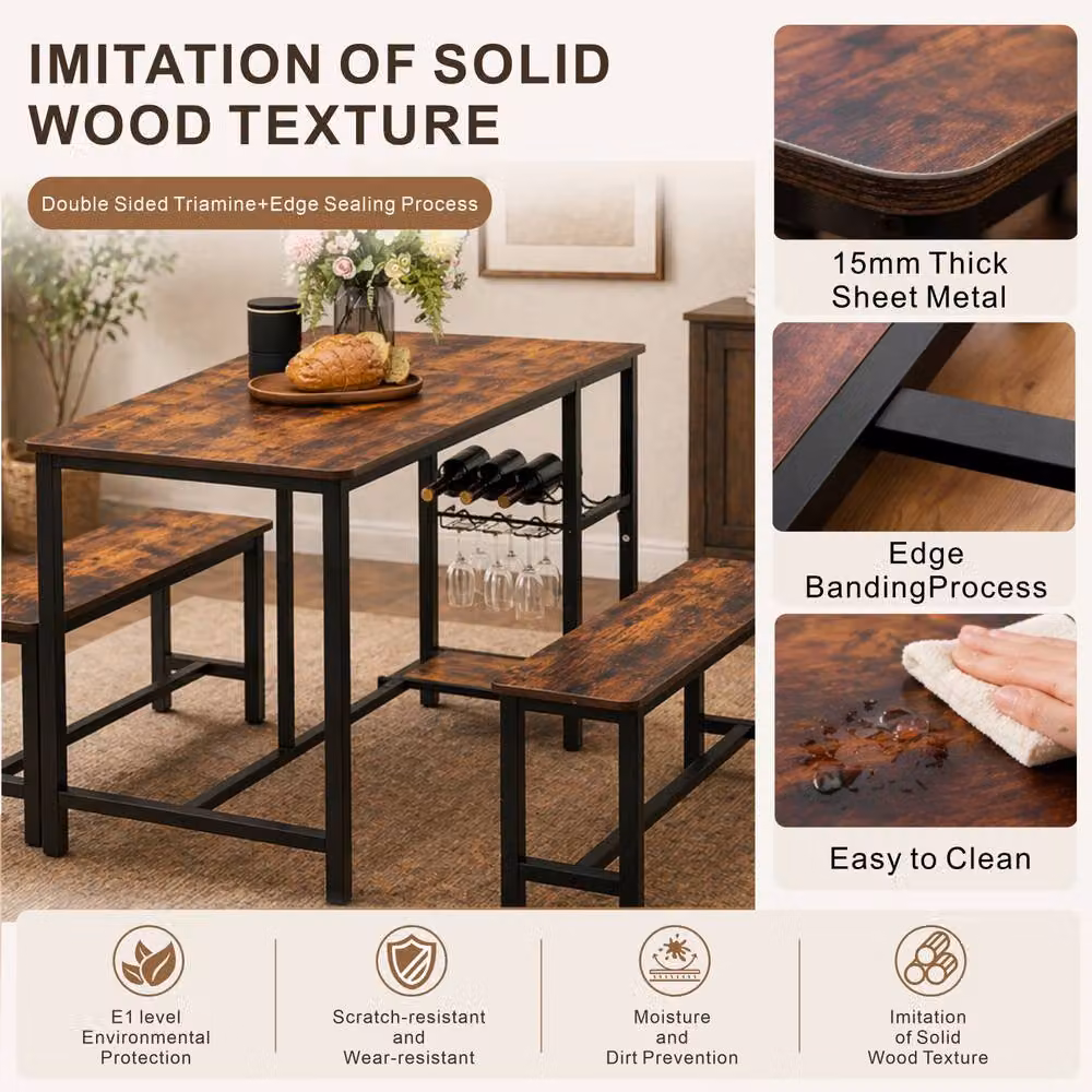 Abrihome Industrial Dining Table and Bench Set in Brown for 4 People – 3