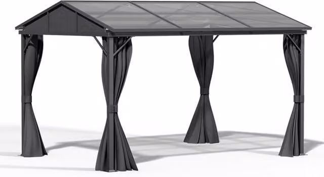 Livingandhome Metal Frame Hardtop Gable Garden Gazebo with Curtains, Grey, W: 396.24 cm, D: 304.8 cm