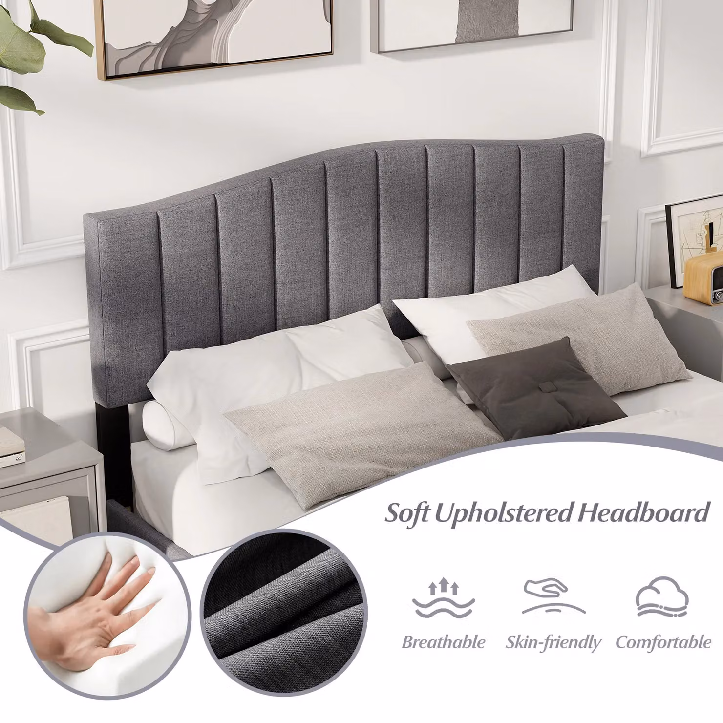 Costway Modern Upholstered Fabric Platform Bed Frame in Grey, W/D/H: 140 x 200 cm – 8