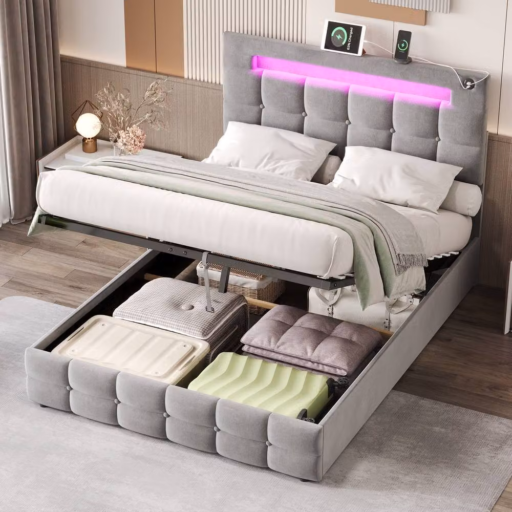 Rolipo Grey Velvet Double Ottoman Bed with LED Under-Bed Lighting and USB Charging Station, W/D/H: 140 x 200 cm – 7