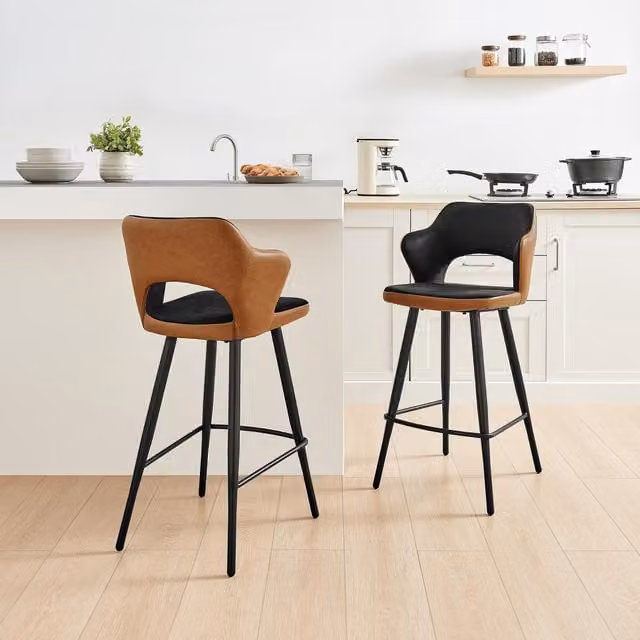 FurnitureboxUK Kai Set of 2 Black Velvet and Tan Faux Leather Counter Stools with Black Legs – 1