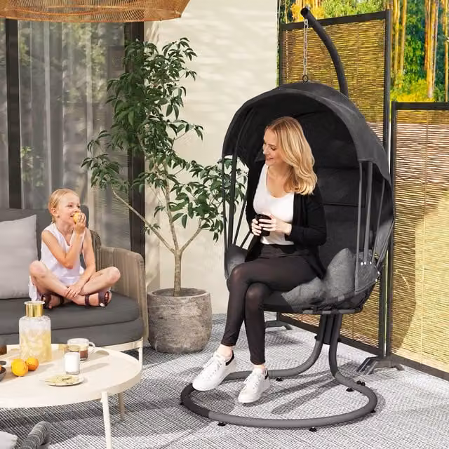 Outsunny Modern Hanging Egg Lounge Chair with Stand and Cushions, Grey