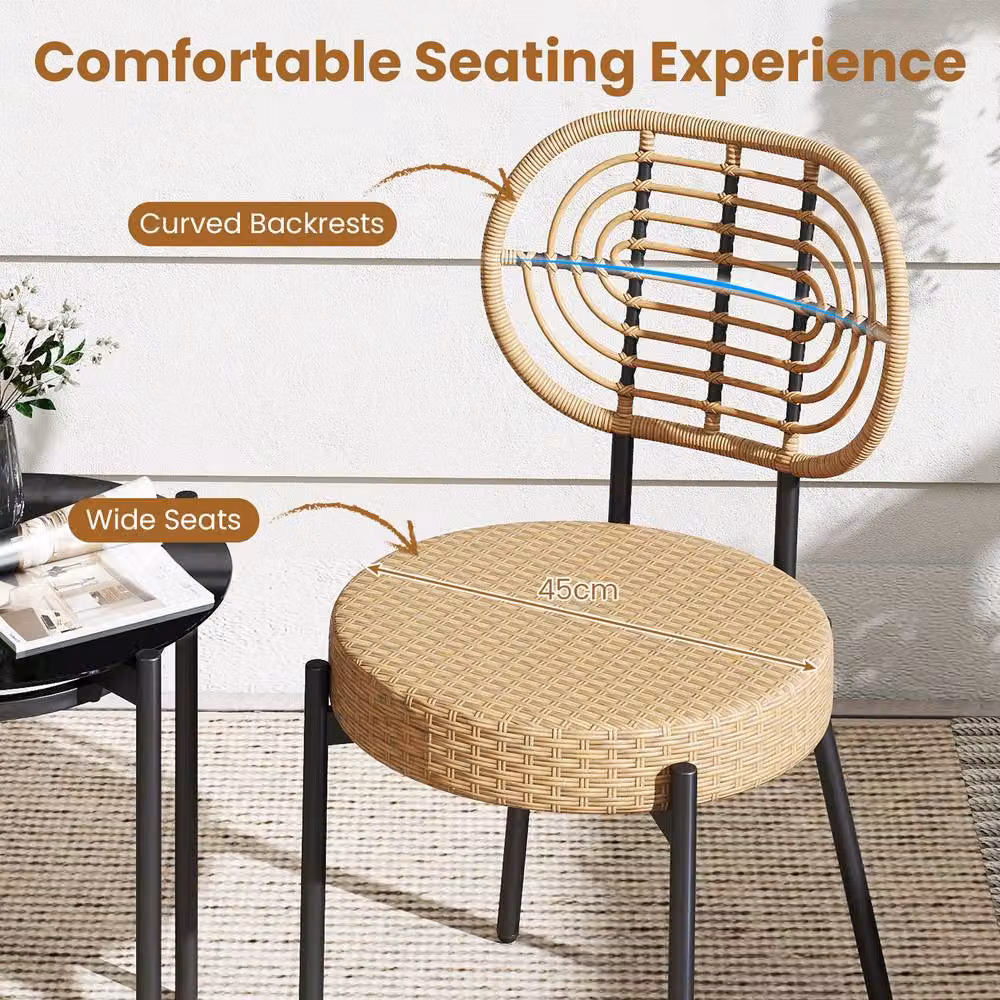Gymax 3 Piece Brown Polyrattan Patio Bistro Set with Round Glass Table and Rattan Chairs – 2