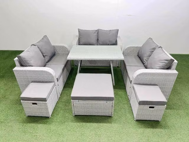 Fimous 9-Seater Patio Set with Rectangular Table, Love Sofa and 3 Stools in Light Grey