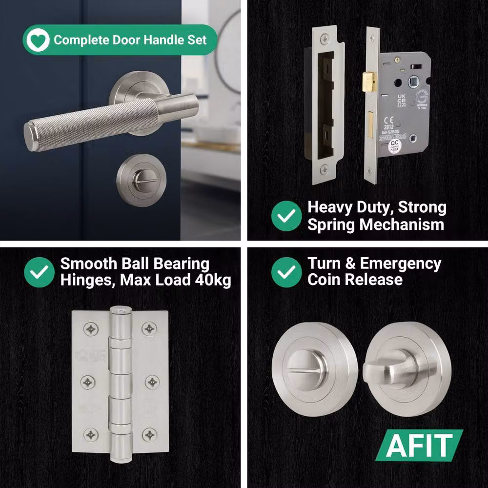 AFIT Satin Nickel Bathroom Door Handle Rose with WC Lock and Hinges, Silver, W/D/H: 15 x 15 x 15 cm – 6