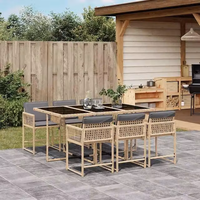 Berkfield Home Extendable Rectangular Garden Dining Set in Beige and Grey Polyrattan with Glass Top