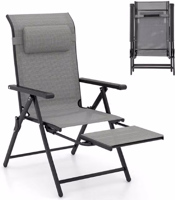 Costway Grey Folding Patio Lounge Chair with Textilene Fabric, Metal Frame, Armrests and Adjustable Headrest