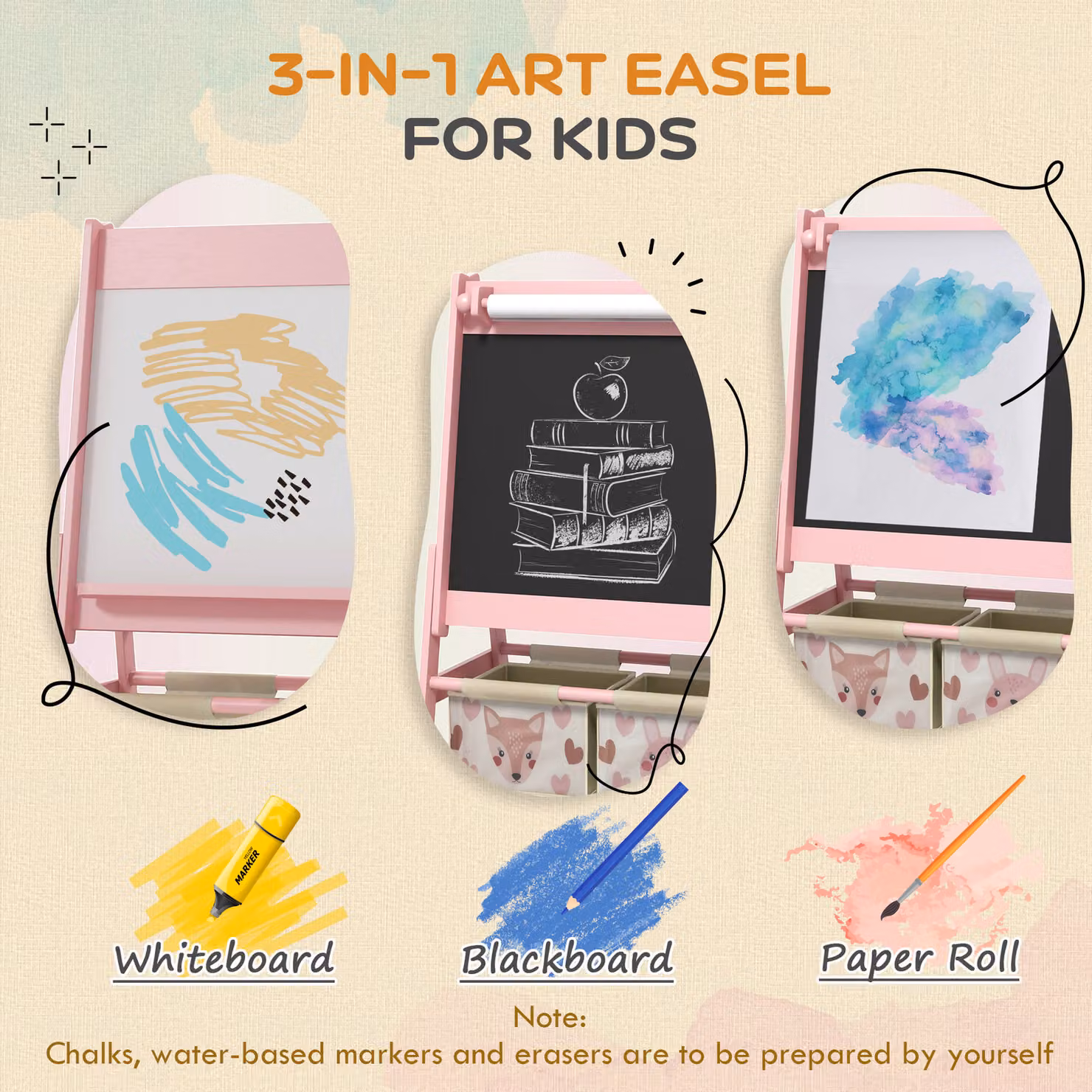 AIYAPLAY 3-in-1 Kids Easel with Paper Roll, Magnetic Whiteboard and Chalkboard in Pink – 3