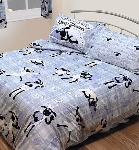 Shaun the Sheep Duvet Cover and Pillowcase Set, Purple, Grey and Stars, Single Size, W/D/H: 140 x 200 cm and 50 x 75 cm
