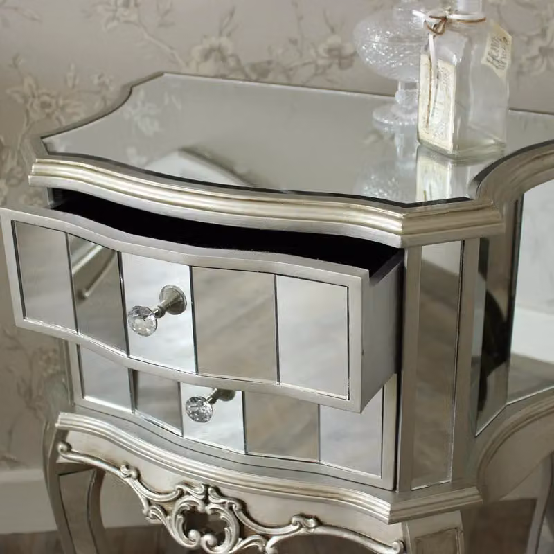 Melody Maison Tiffany Range Mirrored 2 Drawer Bedside Lamp Table in Silver and Black – 2