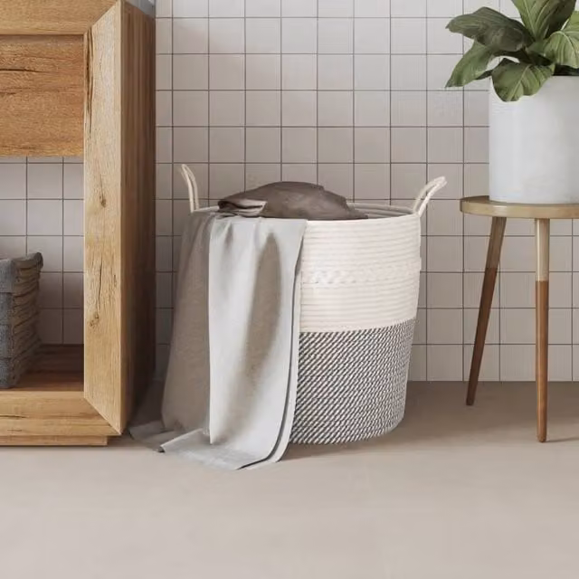Berkfield Cotton Home Storage Basket in Grey and White, W: 43 cm, D: 38 cm