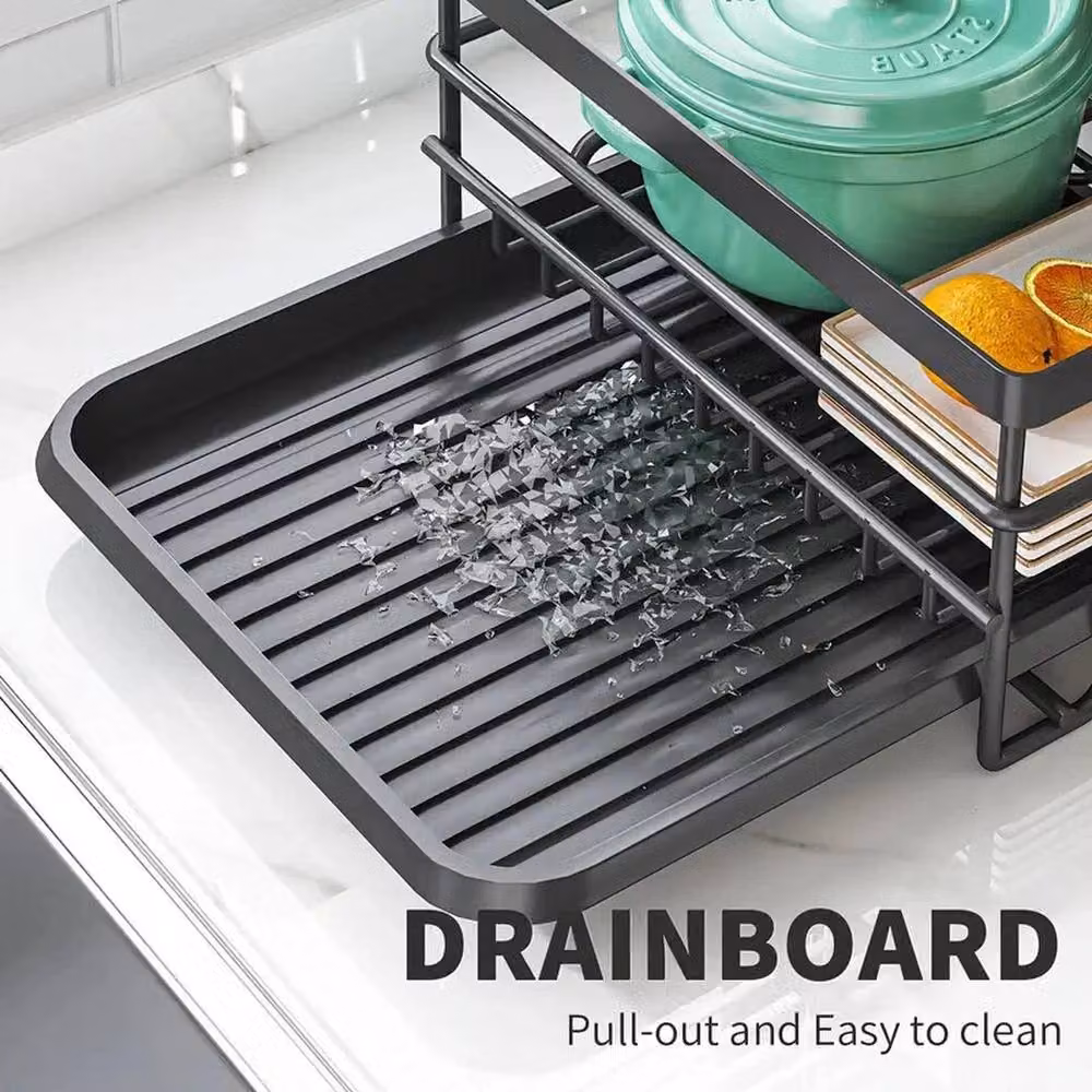 VOGREX 3 Tier Dish Drying Rack with Drip Tray and Cutlery Holder, Black Coated Steel – 3