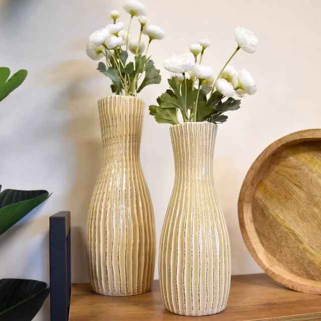 Madison & Mayfair Beige Ceramic Ridged Bottle Vase