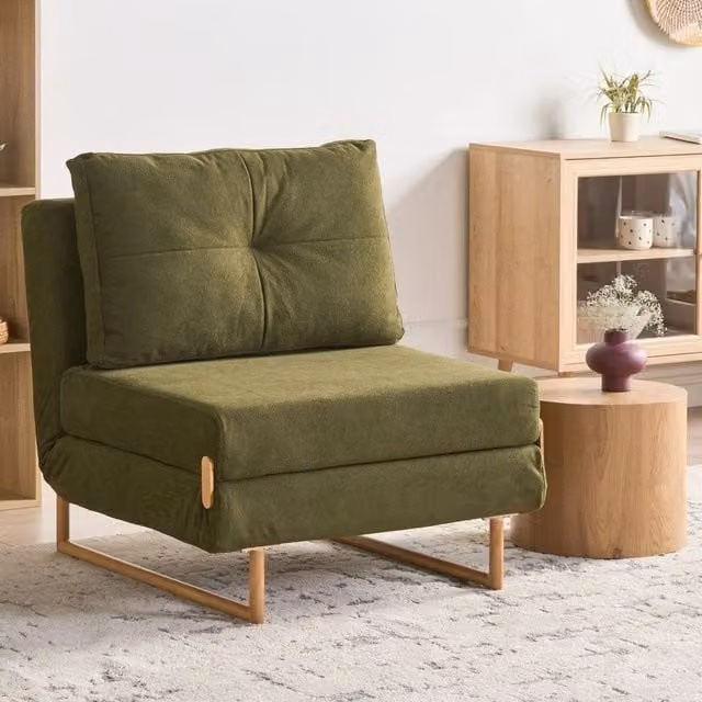 Wyld and Coco Green Fabric Sofa Bed Armchair with 5-Position Recline and Metal Frame – 1