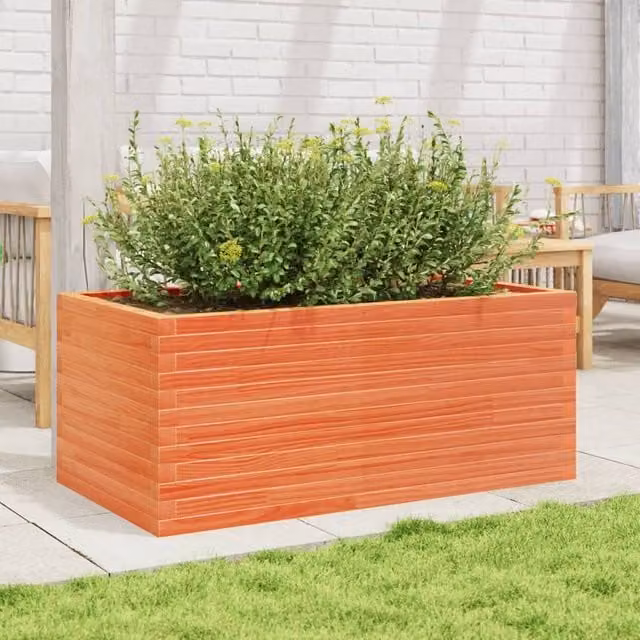 Berkfield Home Decorative Garden Planter in Waxed Brown Solid Pine Wood, W: 110 cm, D: 60 cm, H: 45.5 cm