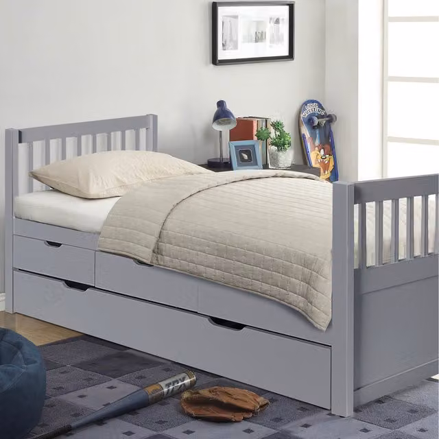 Comfy Living Grey Solid Pine 3ft Bed with Storage Drawers, W: 90 cm, L: 190 cm