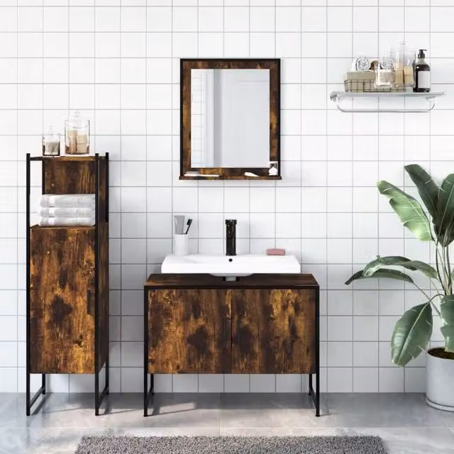 Berkfield Home 3 Piece Industrial Bathroom Cabinet Set in Smoked Oak Brown, including Vanity Unit, Tall Cabinet and Mirror Cabinet