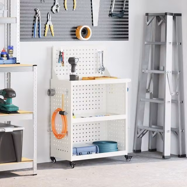 Berkfield Metal Tool Trolley with Shelf and Wheels in White, W/D/H: 65 x 35 x 111 cm