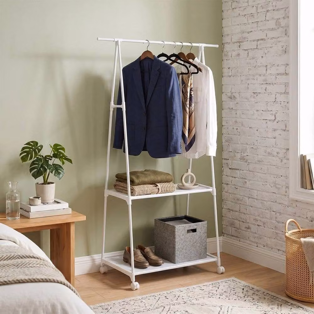 KORVIXA Metal Garment Clothes Rail with Shoe Shelves and Wheels in White, W/D/H: 100 x 100 x 100 cm – 2
