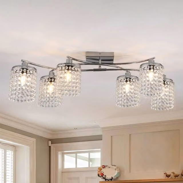 NIVOR 6 Light Crystal Flush Mount Ceiling Light in Chrome and Silver – 1