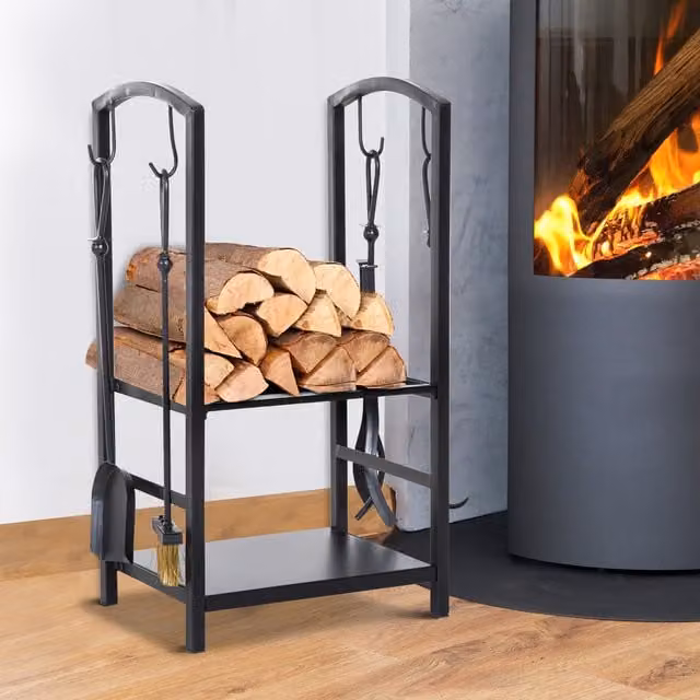 HOMCOM Freestanding Metal Firewood Log Rack Holder in Matt Black