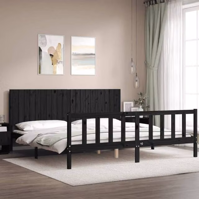 Berkfield Home Beautiful Bed Frame with Headboard in Black Solid Pine Wood, W/D/H: 200 x 200 x 205.5 cm – 1