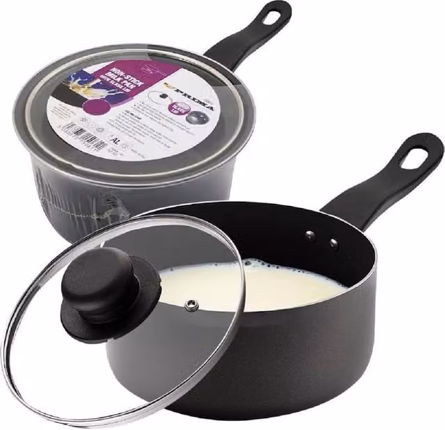 BARGAINS-GALORE Non Stick Milk Pan with Glass Lid, Black, Diameter: 20 cm