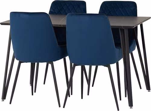 Seconique Marlow Dining Set with Avery Chairs in Black Marble Effect and Blue – 2