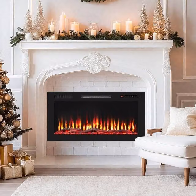 Costway Recessed 36 inch Electric Fireplace Wall Mounted Heater with Sleep Mode in Black