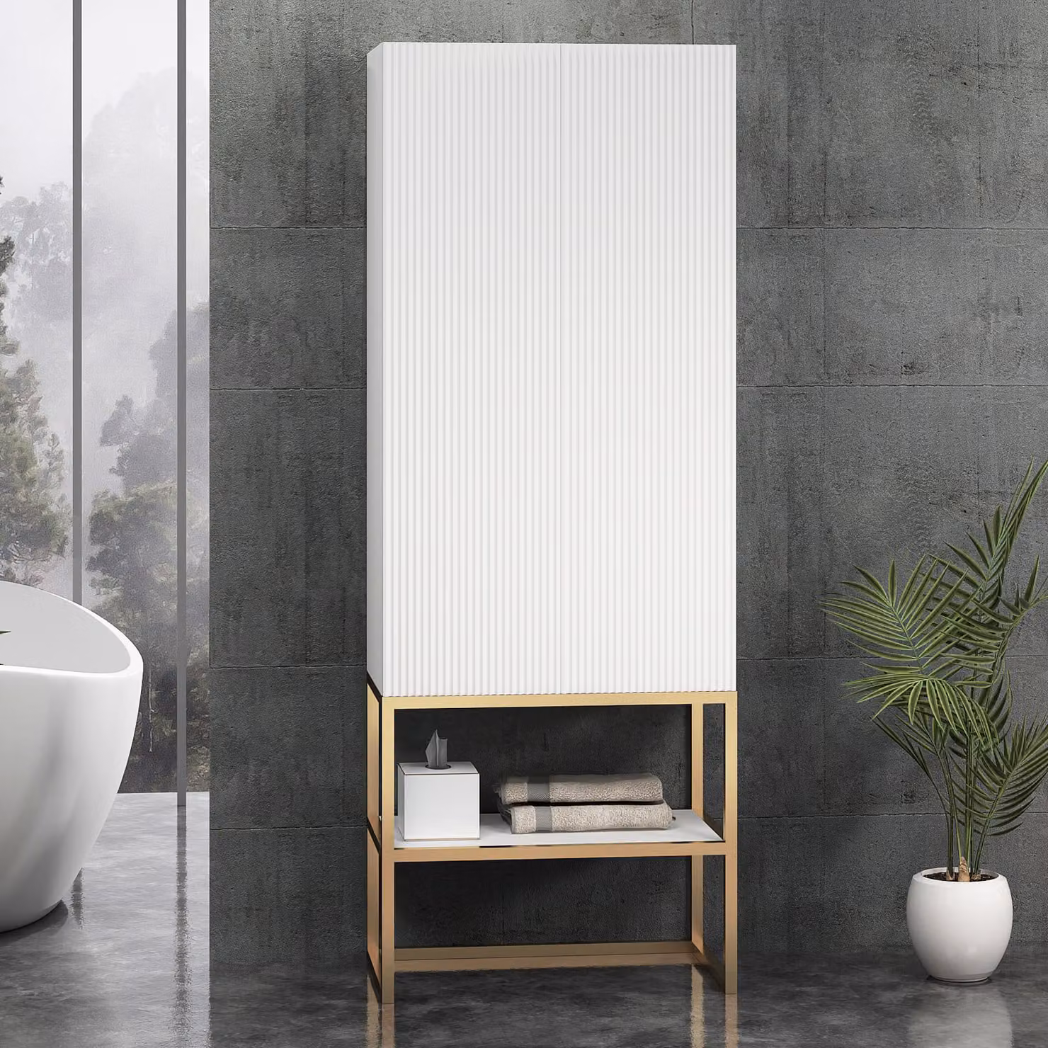 Royal Bathrooms Vienna Tall Boy Unit, Matt White with Brushed Brass Frame, H 160 cm x W 60 cm x D 35 cm