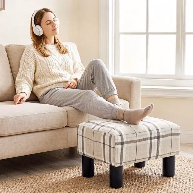 HOMCOM Multicolour Checked Fabric Cube Footstool