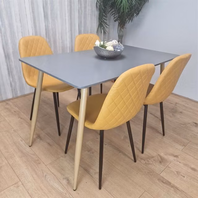 Kosy Koala Modern Rectangular Dining Table Set with 4 Mustard Chairs in Brown and Grey, W/D/H: 140 x 70 x 75 cm