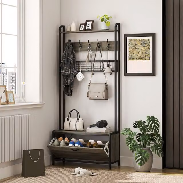 HOMCOM 5-in-1 Industrial Hall Tree with Shoe Storage Bench and 10 Hooks, Grey