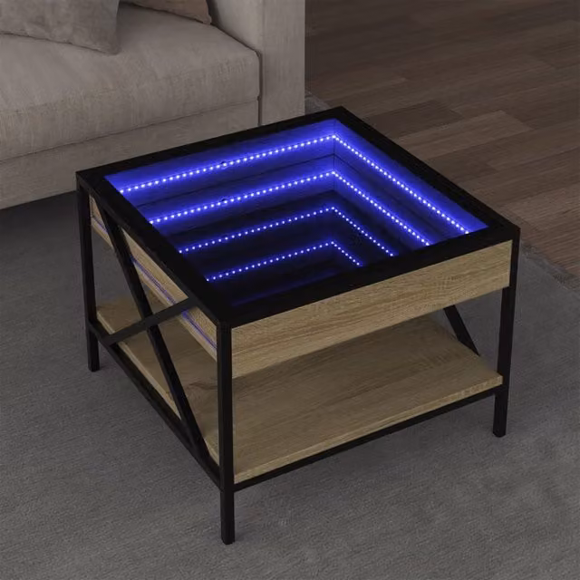 Berkfield Home Infinity LED Coffee Table in Sonoma Oak and Brown, W/D/H: 50 x 50 x 38 cm