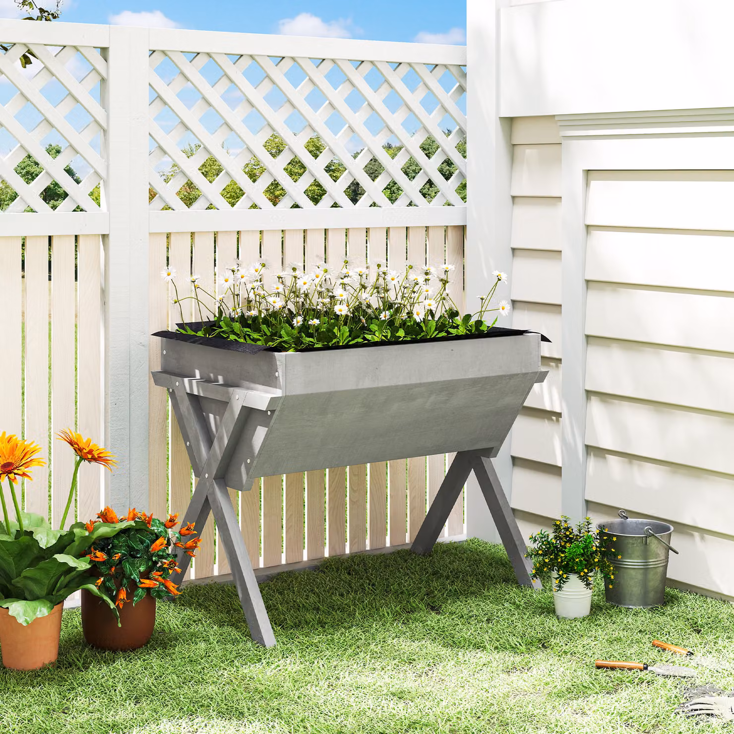 Outsunny Wooden Raised Garden Bed with Bed Liner in Light Grey – 2