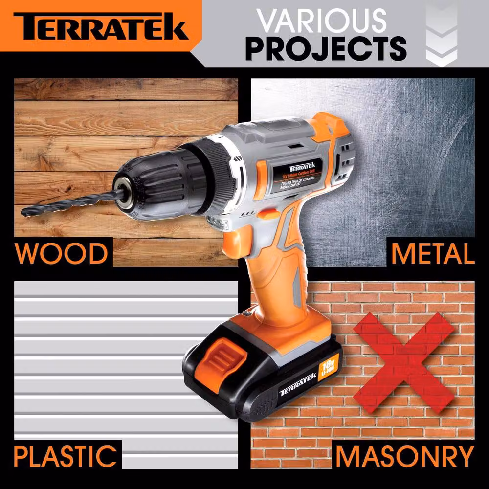 Terratek 18V Cordless Power Drill and Screwdriver Set with Battery and Drill Bits in Grey and Orange – 2