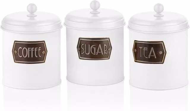 The Mia UK Coffee, Tea and Sugar Jar Set in White Metal