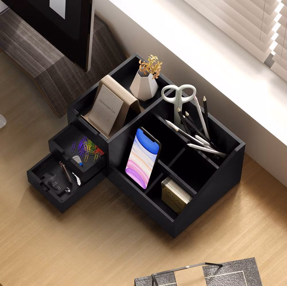 STILVORA Black Bamboo Desk Organiser with 7 Compartments and 2 Drawers – 8