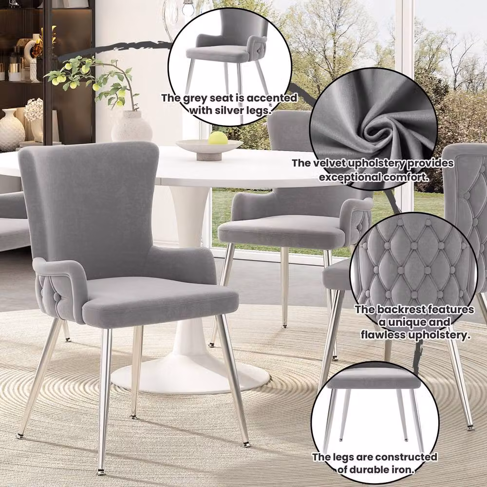 BTM Set of 2 Grey Velvet Dining Chairs with Metal Legs – 3