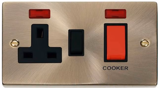SE HOME Antique Brass Cooker Control 45A with 13A Switched Plug Socket and 2 Neons Flush Combination Plate