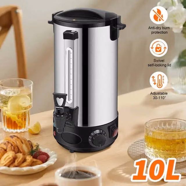 FLAVORA Stainless Steel Commercial Electric Catering Tea Urn with Keep Warm Function, 10L, Silver