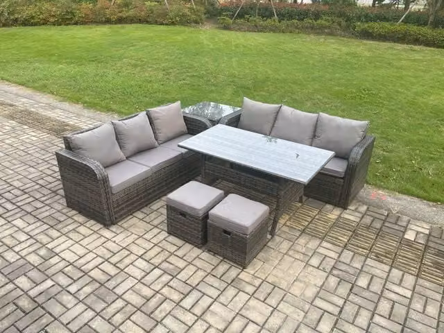 Fimous 6-Piece Rattan Garden Furniture Set with Oblong Dining Table, 2 Small Footstools and Side Table in Dark Grey